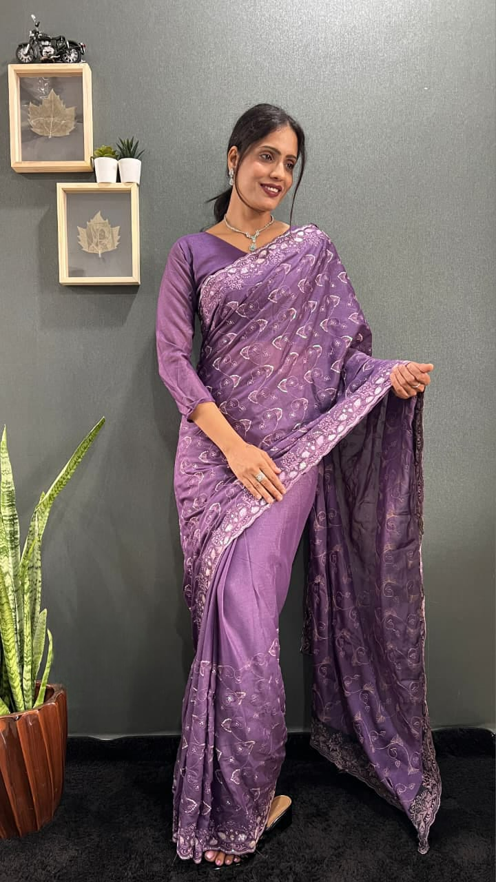 Dusty Rose Pink Georgette Embroidery Silk Saree